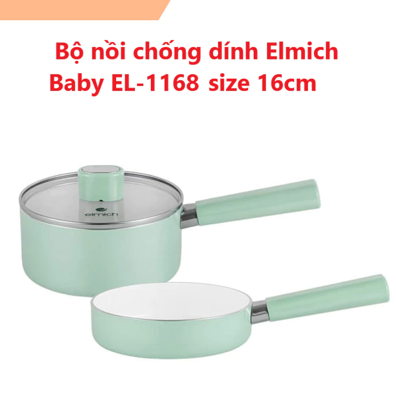 Bộ 2 chảo quánh chống dính sứ Elmich Baby EL-1168, Nồi Elmich, Hàng chính hãng, đáy từ size 16