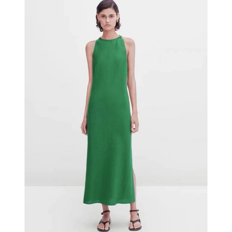 Morocco Zara made in Morocco đủ tag đầm yếm linen cao cấp màu trơn xanh