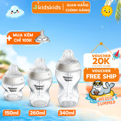 Bình Sữa PP Ty Siêu Mềm Tự Nhiên Tommee Tippee 150ml, 260ml, 340ml, Set Đôi, Nhiều Size, Được Mua Kèm Thêm 01 Núm Ty