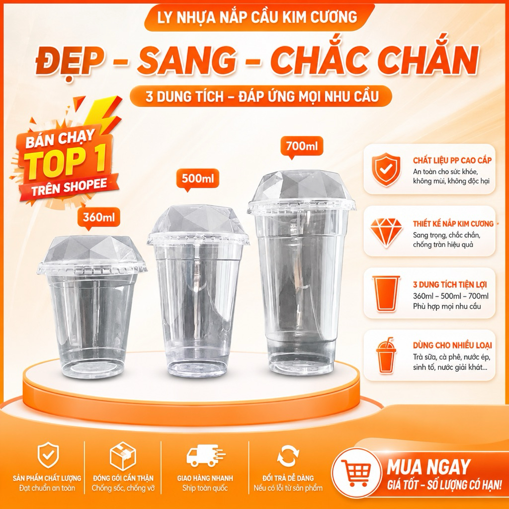 [ 50 cái ] Ly nhựa PP trơn - 360ml / 500 ml / 700ml / 800ml/ 900ml