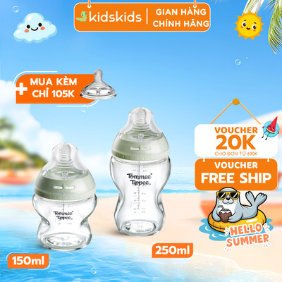 Bình Sữa Thuỷ Tinh Ty Siêu Mềm Tự Nhiên Tommee Tippee Natural Start 150ml, 250ml,  Được Mua Kèm Thêm 01 Núm Ty Bất Kì