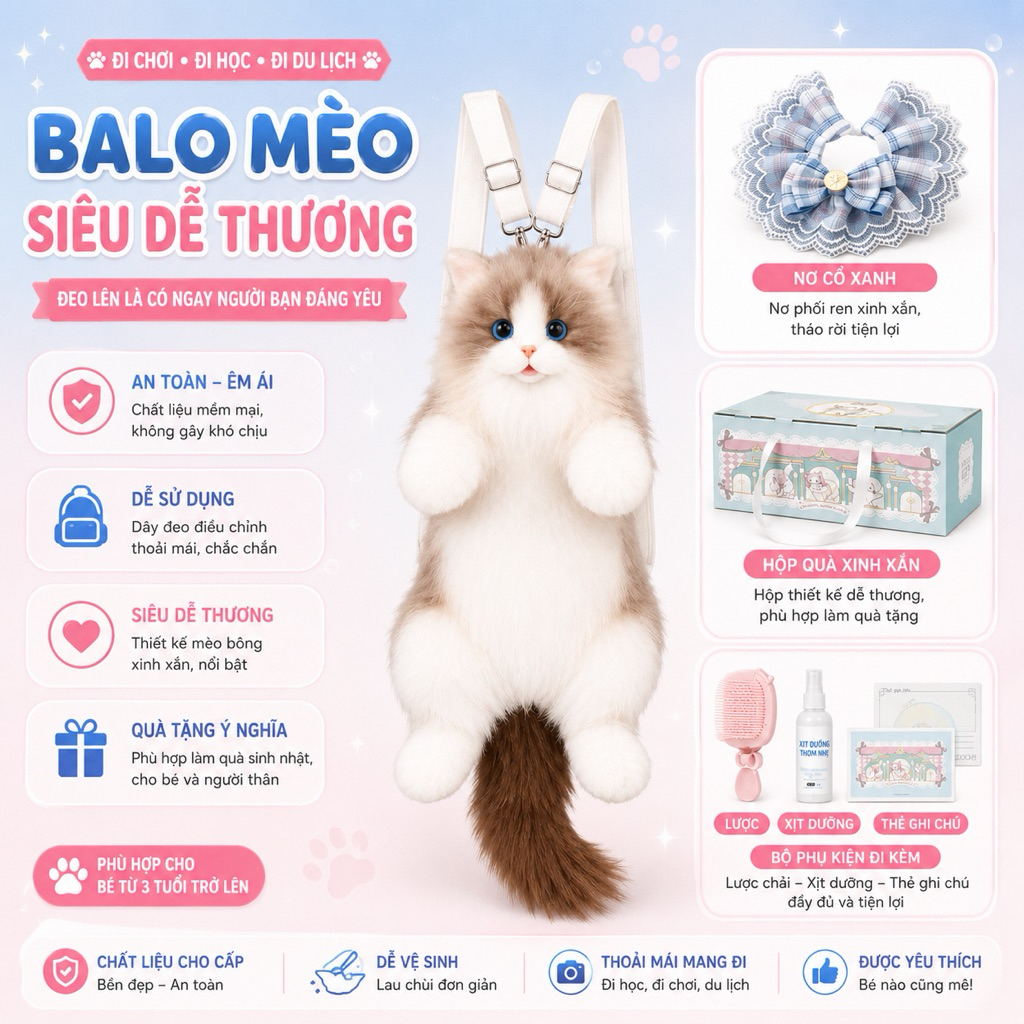 [Full Box + Phụ Kiện] Túi Ragdoll Đeo Vai Balo Mèo Con Chất Liệu Bông Mền Mại Dễ Thương