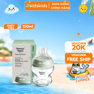 Bình Sữa Thủy Tinh Ty Siêu Mềm Tự Nhiên Tommee Tippee Natural Start 150ml - Núm Ty Của Bình 0-3 Tháng