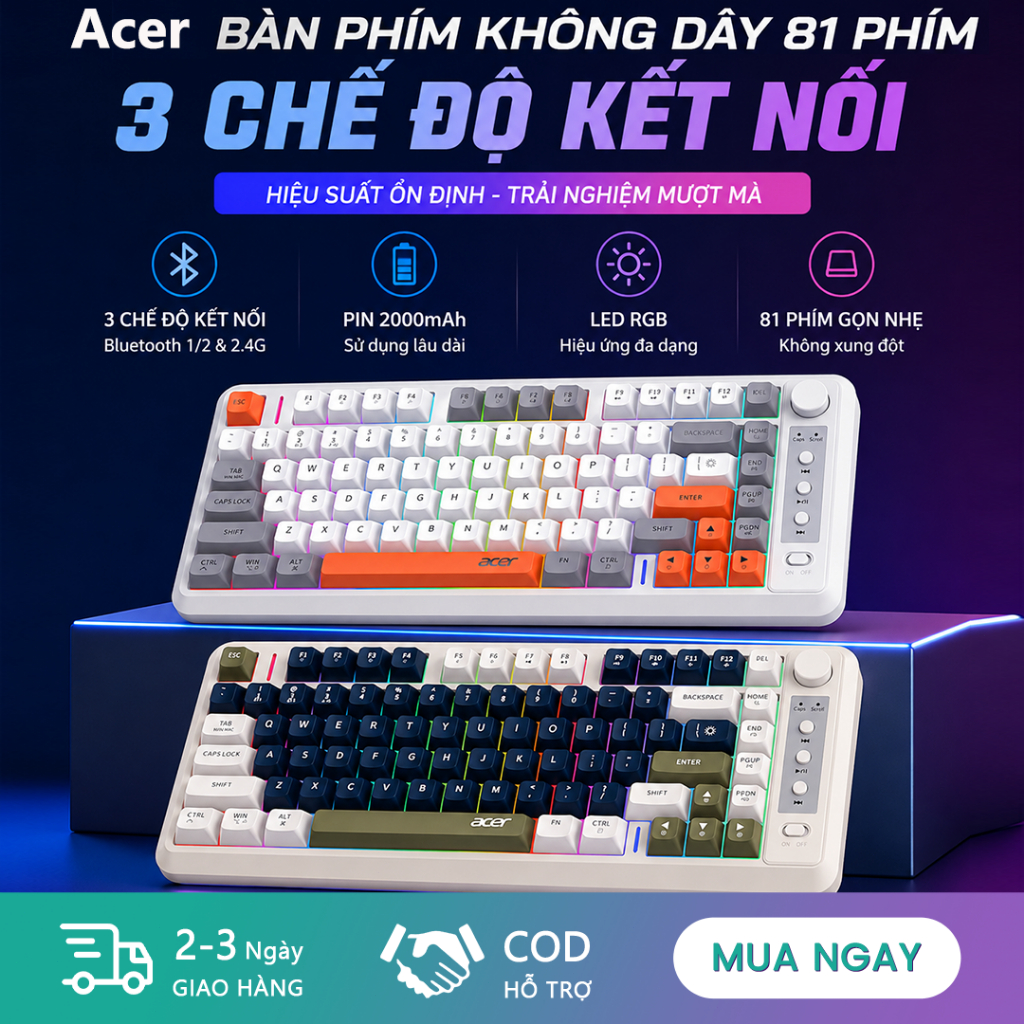 Bàn Phím Không Dây Acer Bluetooth 2.4G Dual Mode 81 Phím LED RGB Pin 2000mAh Type-C Gõ Êm - Hỗ Trợ Đa Thiết Bị | BigBuy360 - bigbuy360.vn