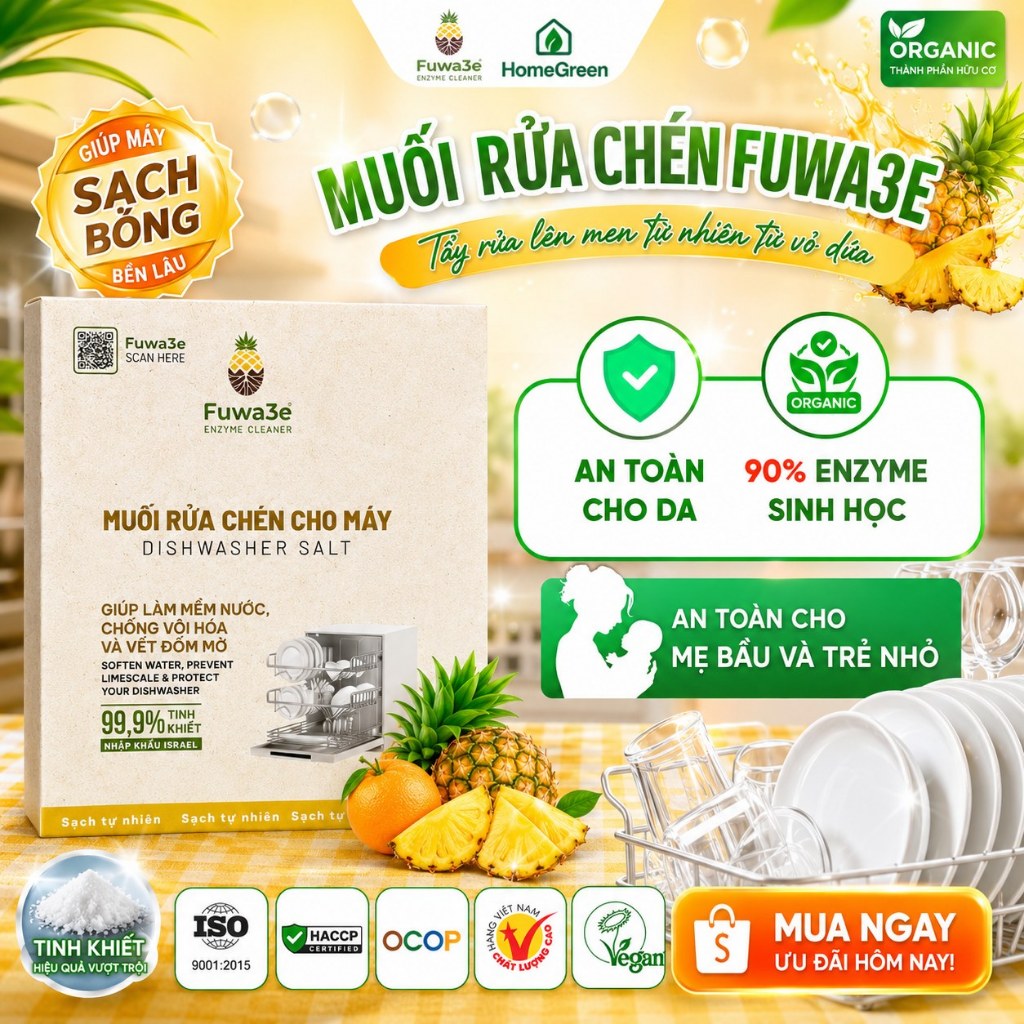 [Fuwa3e] Muối Rửa Chén Cho Máy 2KG, 99,9% NaCl Tinh Khiết, Làm Mềm Nước, Chống Đóng Cặn