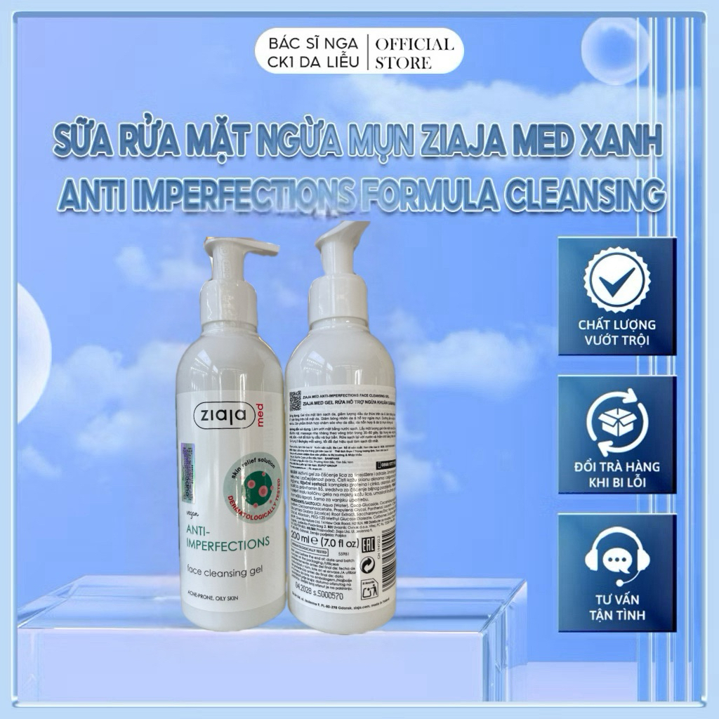 [CHÍNH HÃNG] Sữa rửa mặt ngừa mụn Ziaja Med xanh Anti Imperfections Formula Cleansing (Chai 200ml)