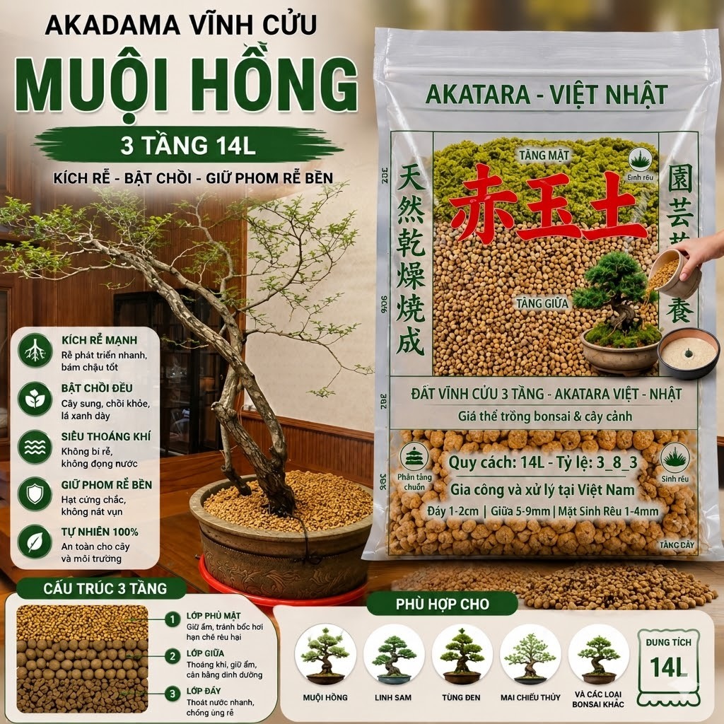 Đá khoáng Akadama vĩnh cửu 3 Tầng 14L – Đất Trồng Muội Hồng – Kích Rễ Bật Chồi