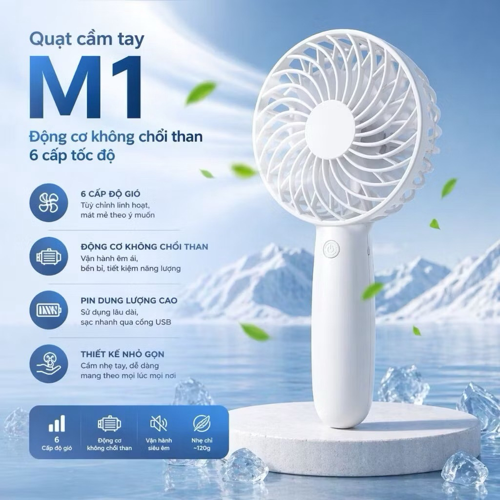 Quạt cầm tay M1 công suất siêu mạnh, siêu mát động cơ phản lực 1503 ko chổi than , cầm tay , pin 18650 tháo rời tiện lợi