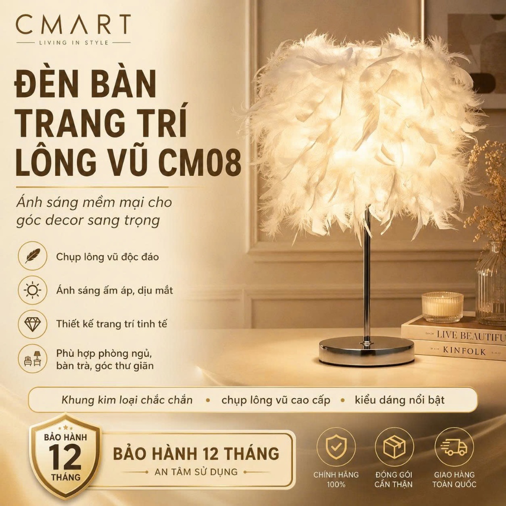 𝐂𝐌𝐀𝐑𝐓.𝐆𝐢𝐚 𝐝𝐮̣𝐧𝐠 Đèn Ngủ Để Bàn Lông Vũ Tặng Kèm Bóng CM08 [CMART GIA DỤNG TIỆN ÍCH]