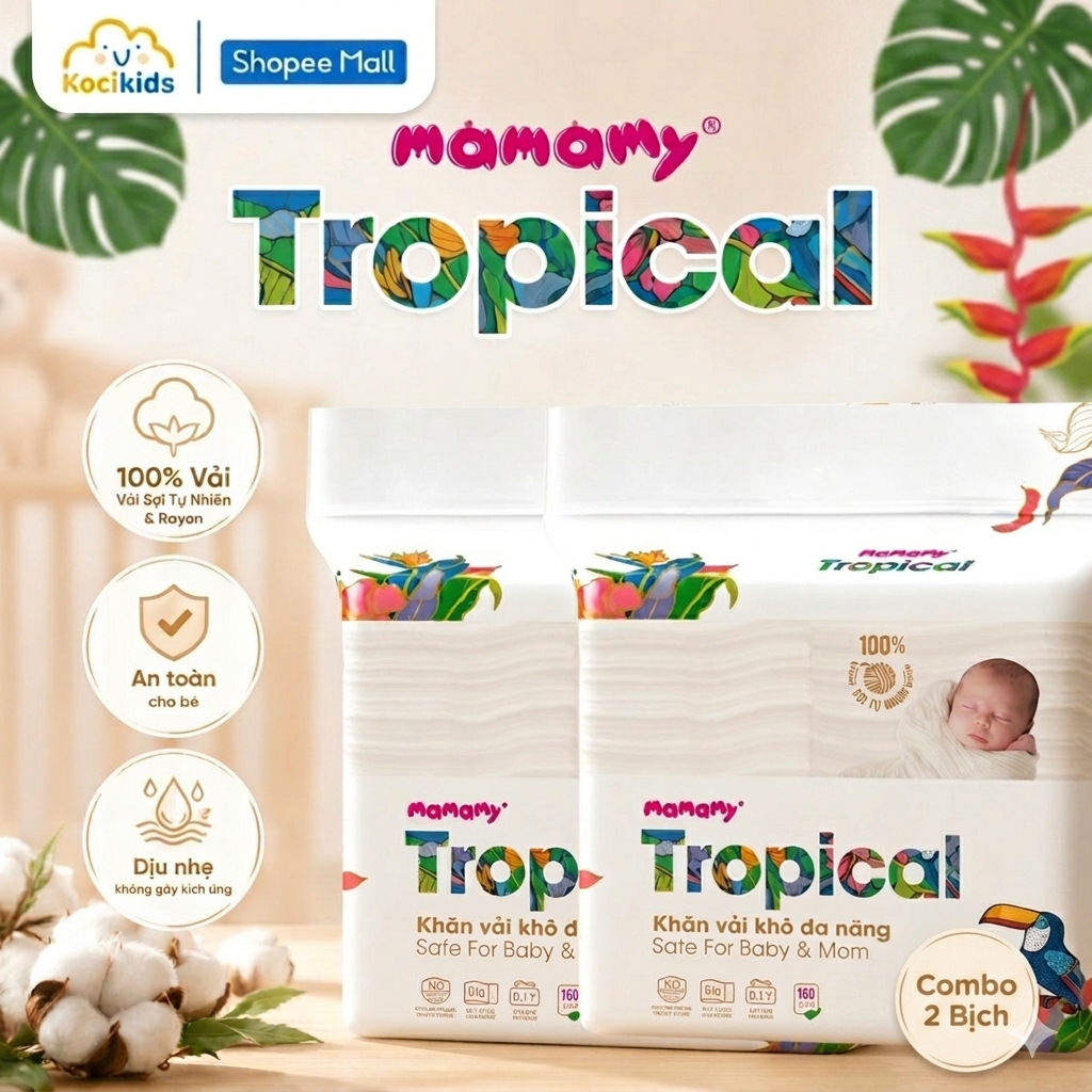 Combo 2 Bịch Khăn vải khô đa năng Tropical 160 tờ, khăn khô mamamy tropical cao cấp
