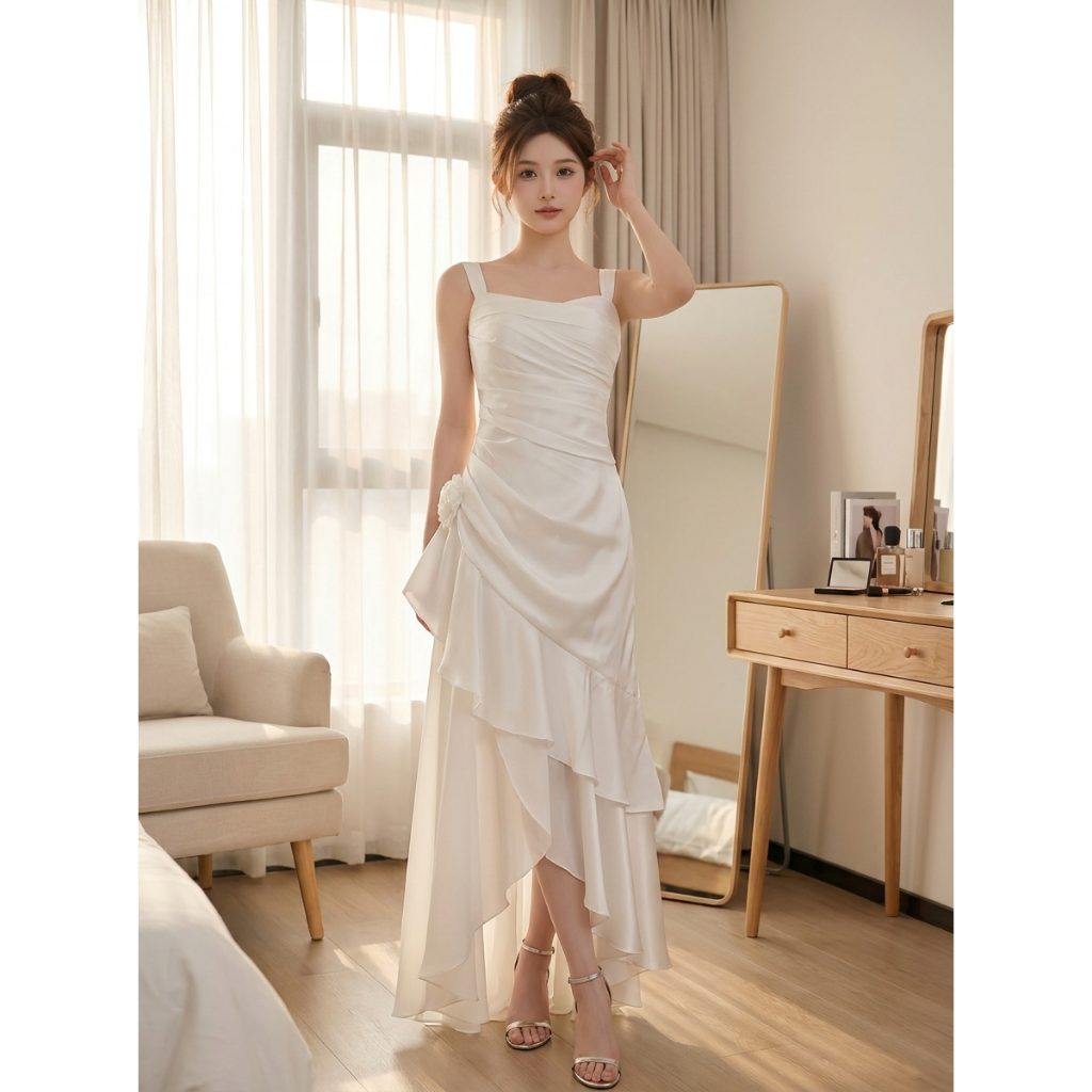 LUNA BOUTIQUE'  DP17 ĐẦM PHI 2 DÂY XÉO TÀ ĐÍNH HOA CỰC SANG