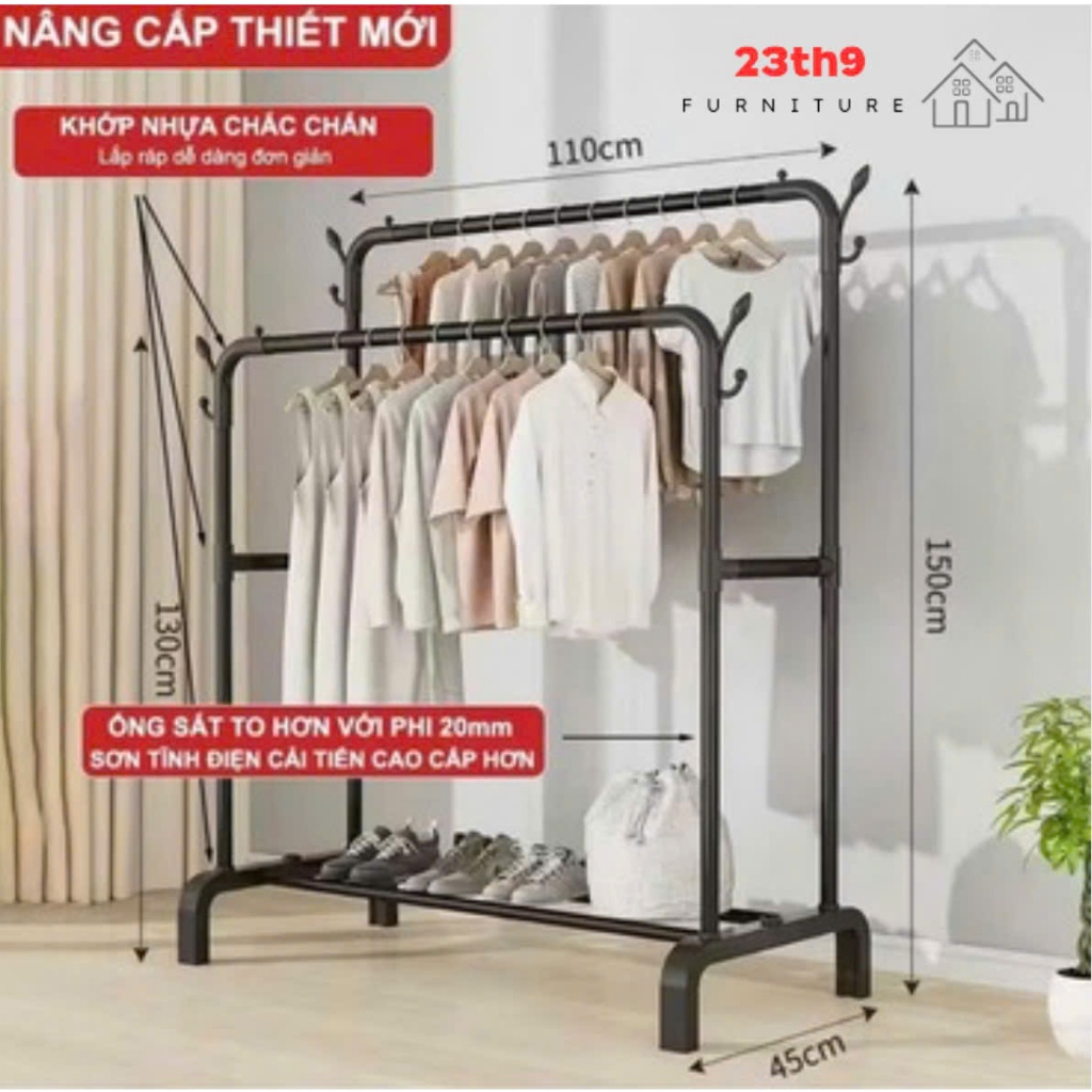 Giá Treo Quần Áo 2 Gian 1 Tầng Kim Loại Chắc Chắn Tiện Lợi Lắp Ráp Dễ Dàng Kededo-23th9 Decor