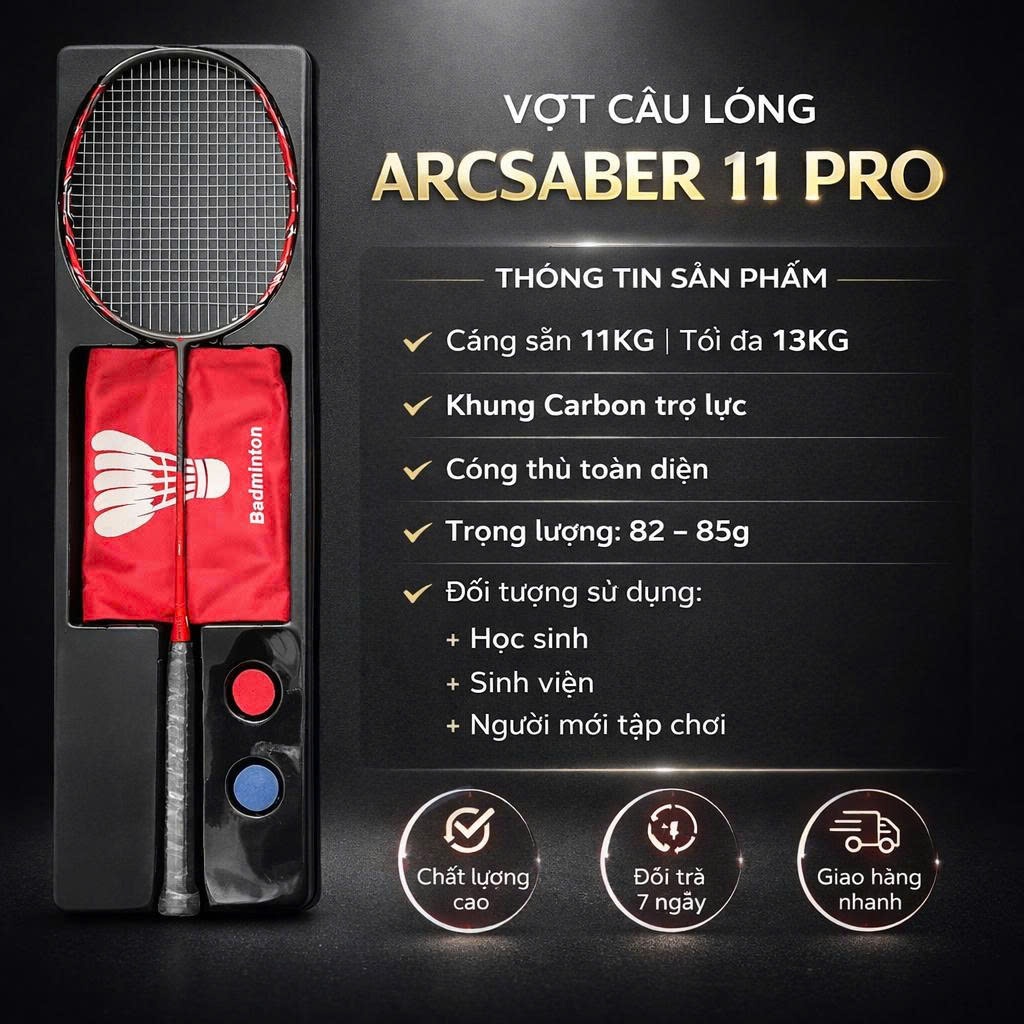 Vợt Cầu Lông Arcsaber 11Pro Bản Hộp Khung Vợt Carbon lưới căng sẵn 11kg max 13kg cuốn cán túi vợt