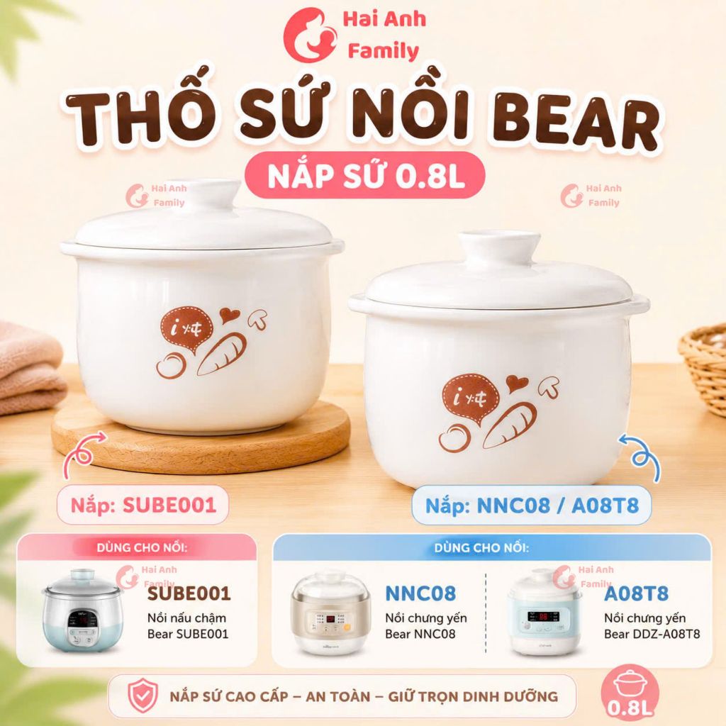 Thố sứ nồi Bear, nắp sứ nồi Bear 0,8l SUBE001 và DDZ-A08T8, SB-NNC08