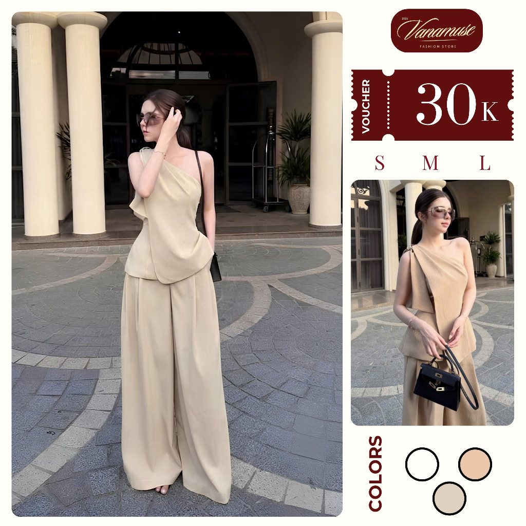 [MỞ BÁN GIẢM 30K] Set Áo Lệch Vai Xẻ Tà Phối Quần Suông Dài Chất Liệu Xước Thái Cao Cấp Mặc Đi Du Lịch, Dạo Phố Hot 2026 | BigBuy360 - bigbuy360.vn