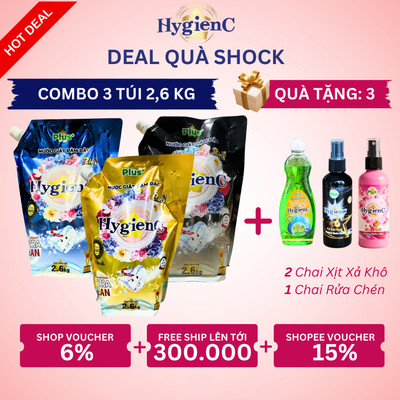 [NEW] Combo 3 Túi Nước Giặt Xả Đậm Đặc HygienC Plus 2,6 Kg/Túi -  Hương Nước Hoa, Sạch Vết Bẩn