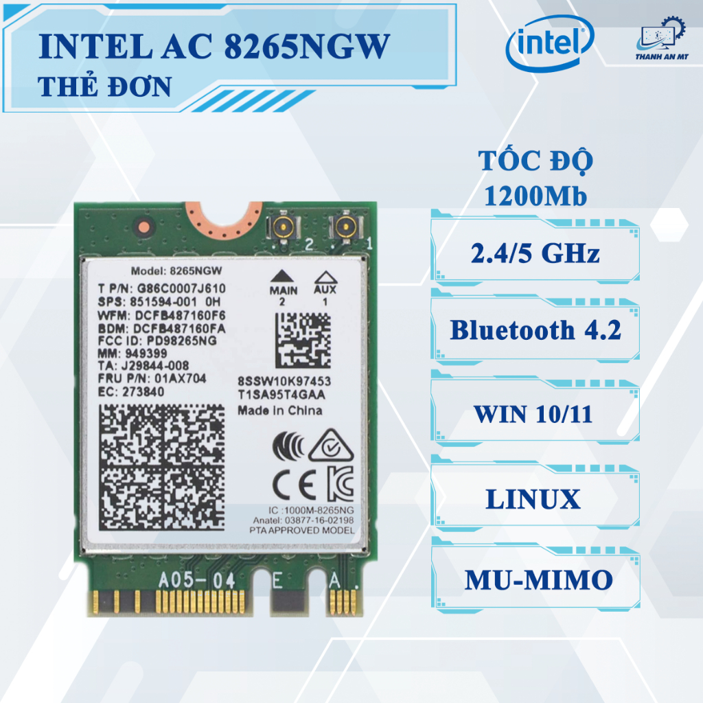 Card WiFi Intel AC 8265 Bluetooth 4.2  WiFi 5 2.4+5GHz tốc độ cao cho Laptop & PC