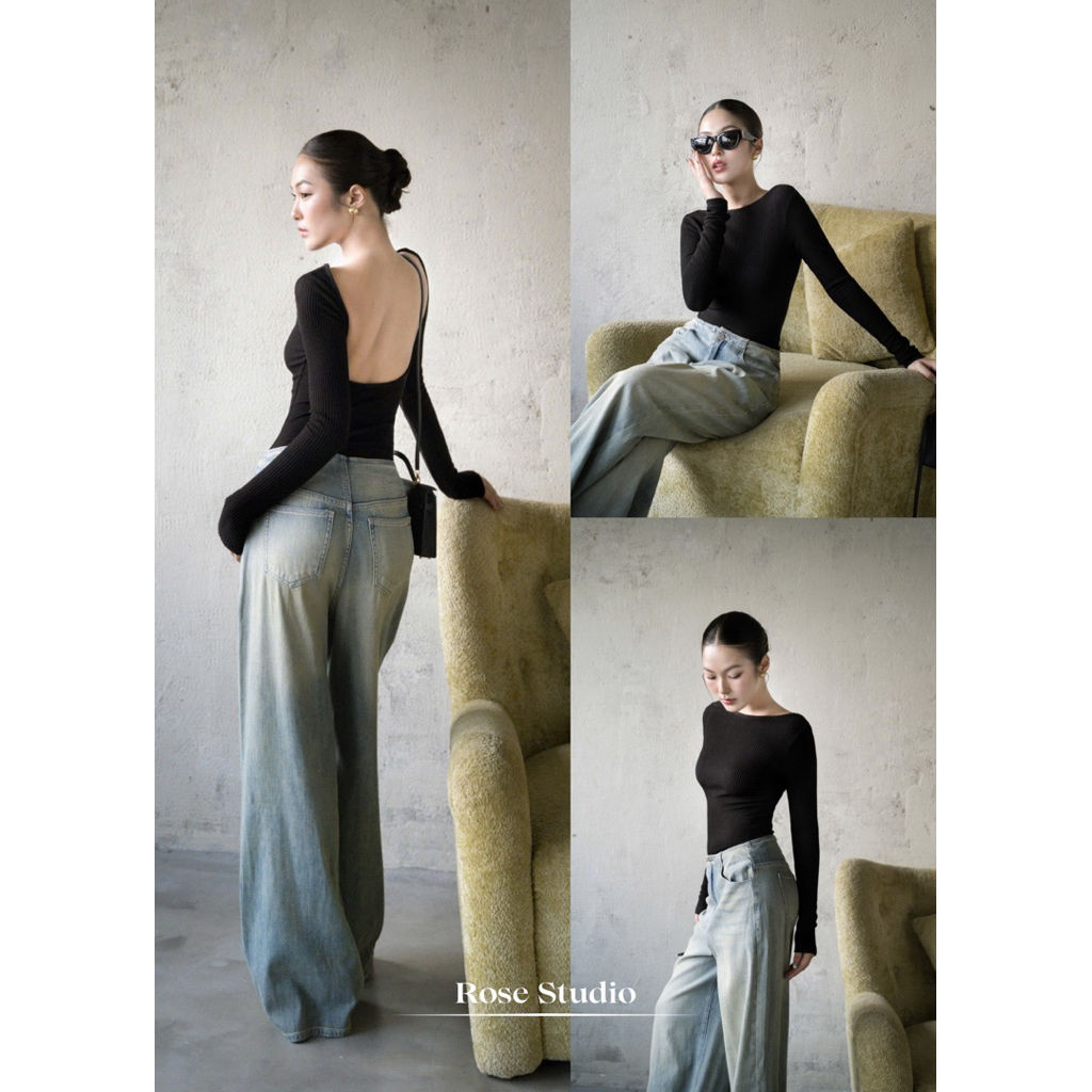 Rose Studio | Áo len gân hở lưng tay dài ôm dáng phong cách sang trọng cá tính nữ cao cấp - Noir Top