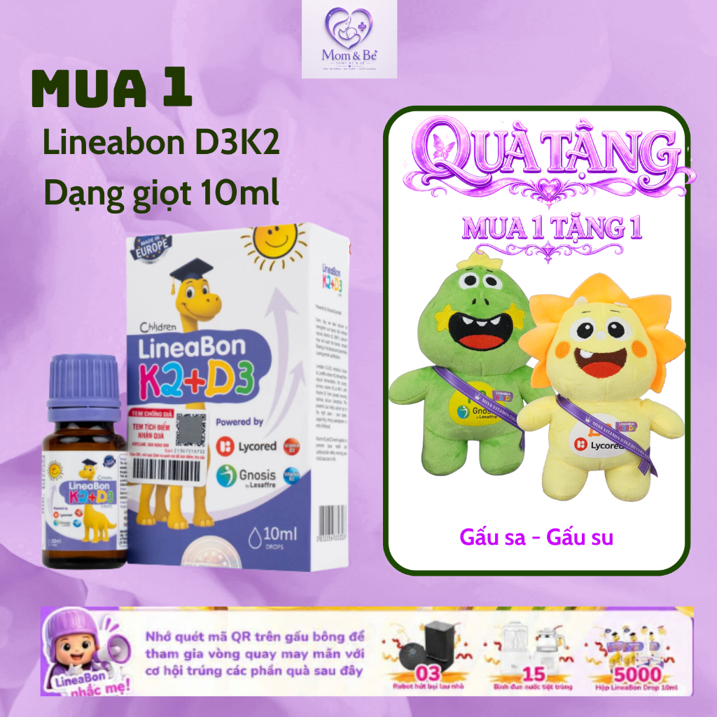 (KOL) Vitamin Lineabon k2 d3 bổ sung k2 d3 mk7 giúp tăng khả năng hấp thu canxi cho trẻ Lọ 10ml