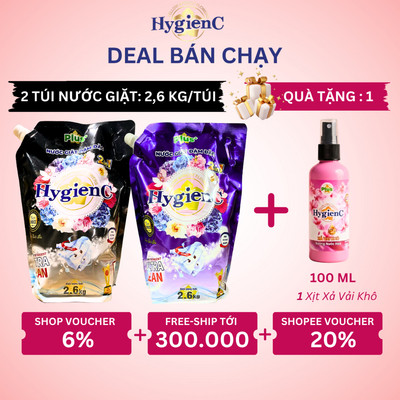 Combo 2 Túi Nước Giặt Đậm Đặc HygienC Plus 2.6Kg/Túi - Hương Nước Hoa, Làm Sạch Vết Bẩn, Dưỡng Vải