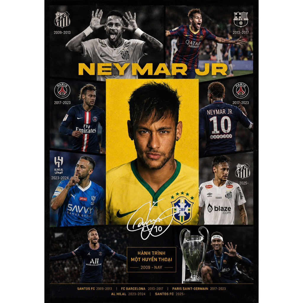 Khung Ảnh Poster Neymar JR Cao Cấp Decor Phòng – Neymar PSG Brazil Treo Tường Fan Bóng Đá