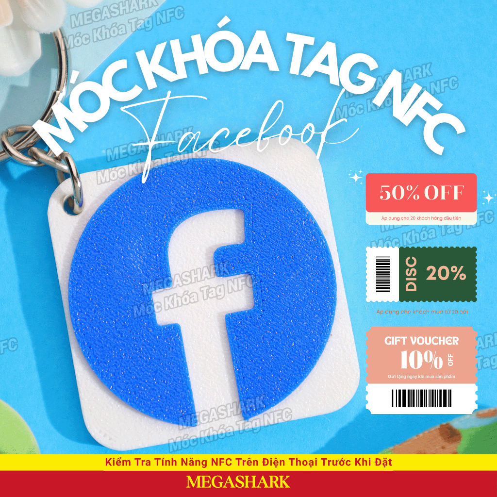 Móc Khóa Tag NFC - MEGASHARK - Facebook - Chạm 1 cái kết nối ngay facebook