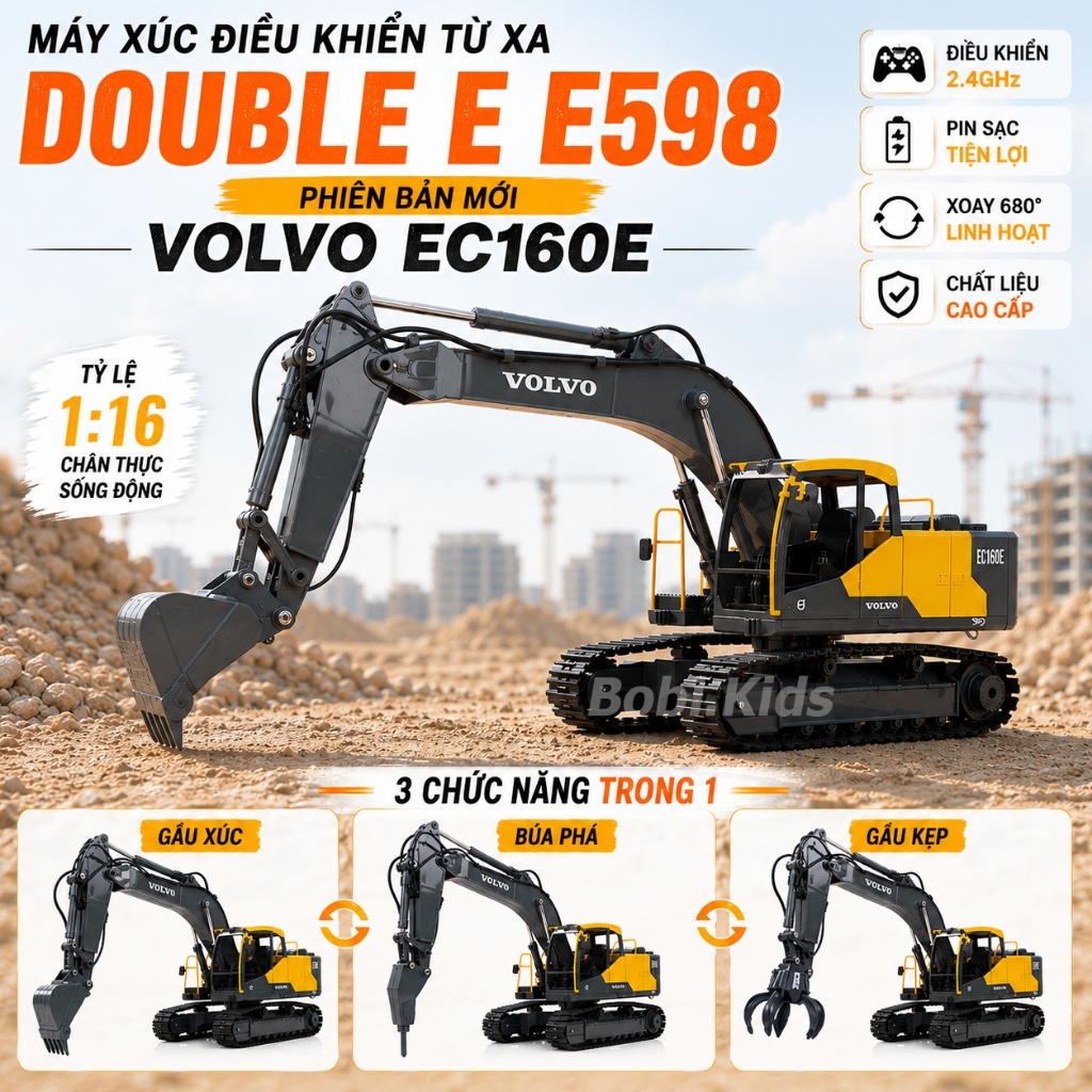 Máy xúc điều khiển từ xa double eagle volvo e598 bản 2025 17 kênh điều khiển cao cấp cỡ lớn giá rẻ, 