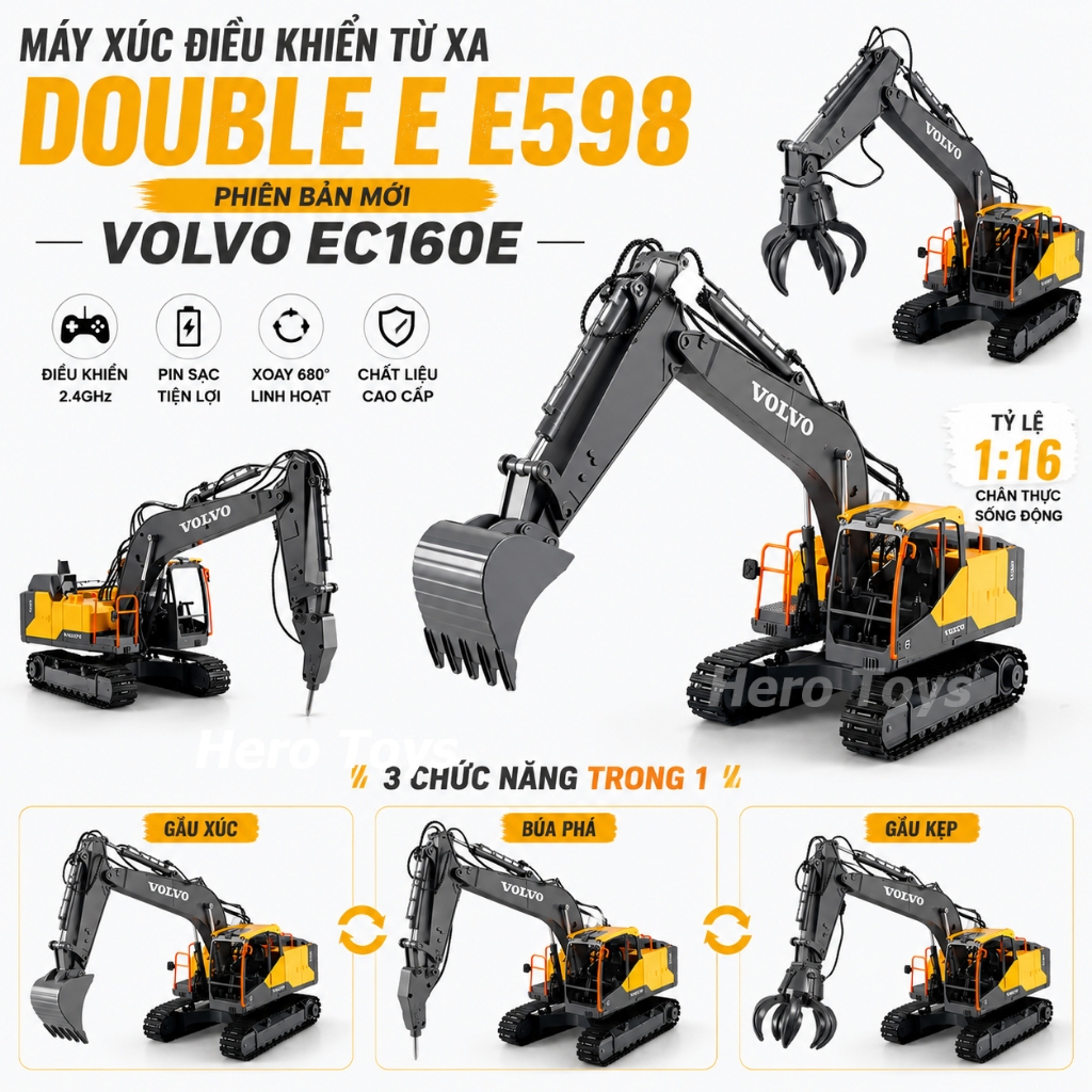 Máy Xúc Điều Khiển Từ Xa Volvo EC160E Double E E598 1:16 – Bánh Xích, Gầu Kim Loại, Pin 1200mAh, 2.4