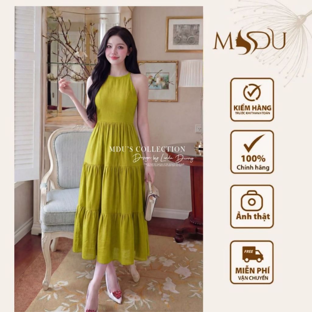 Váy Thiết Kế  MDU6130 Tơ Nhăn Nhật Xanh Cốm Dáng Xòe Tầng Bay Bổng Nhẹ Nhàng