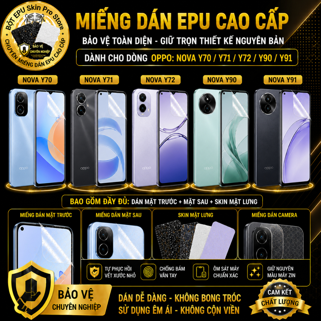 Miếng Dán PPF/EPU Huawei Nova Y70/Nova Y71/Nova Y72/Nova Y90/Nova Y91 Màn & Lưng Viền Tự Phục Hồi
