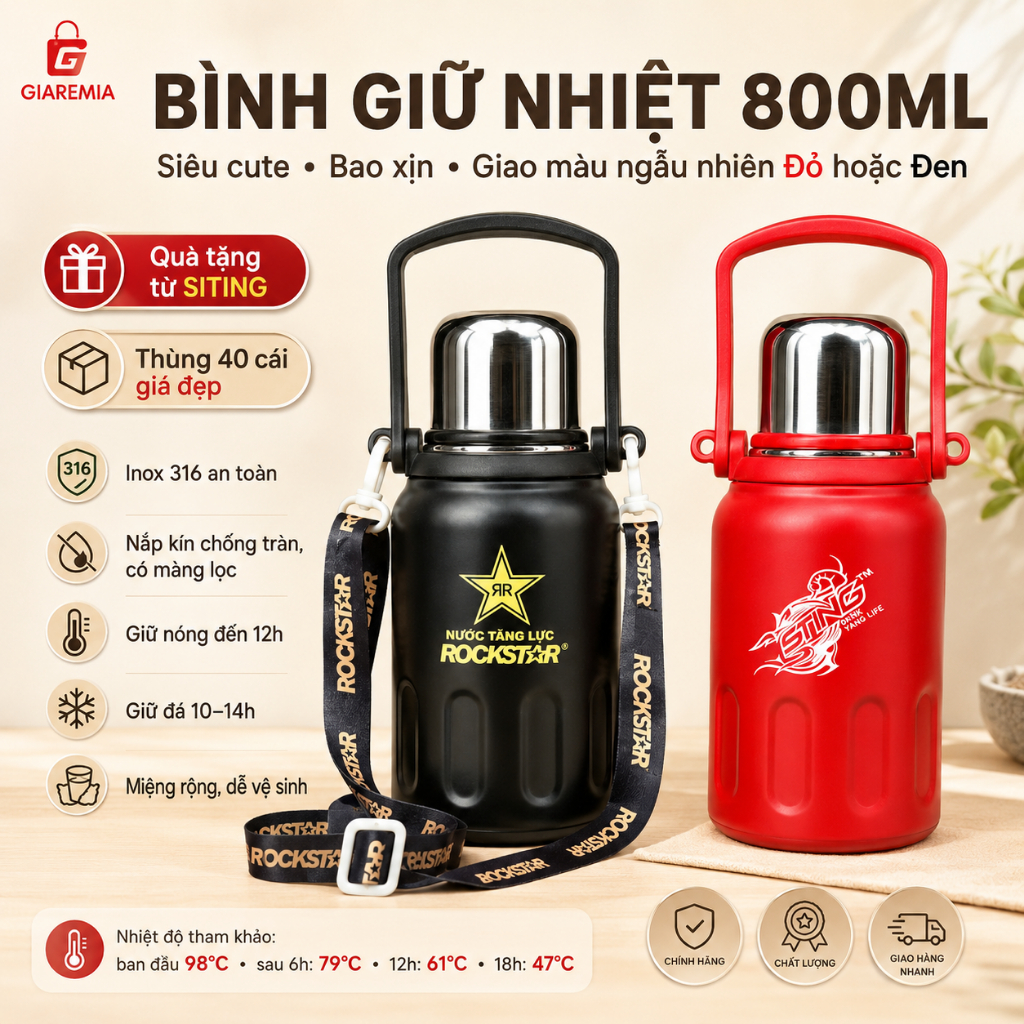 Bình giữ nhiệt Đỏ inox 316 xịn 800ml to khủng (Quà tặng Sting) Rockstar Giao màu ngẫu nhiên