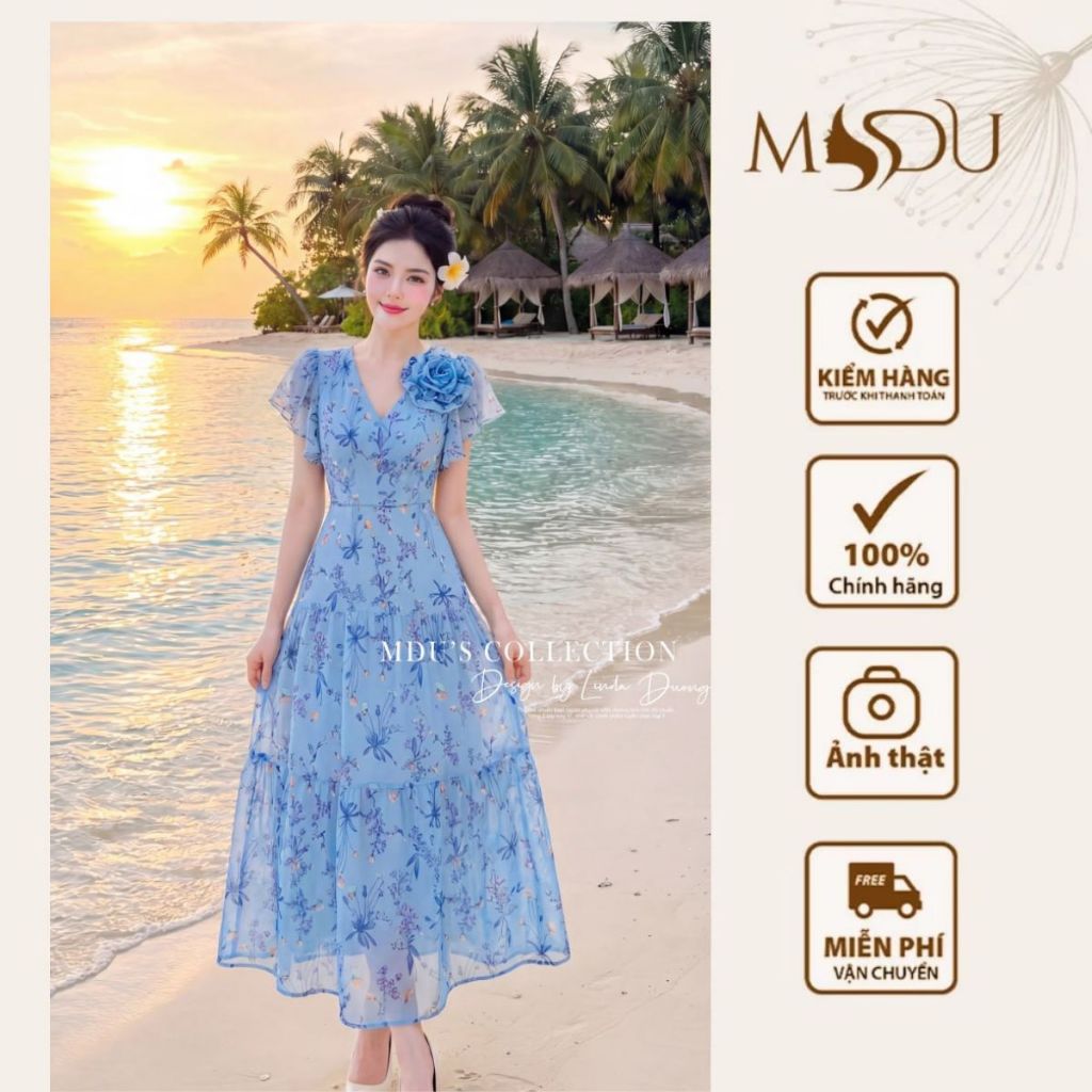 Váy Thiết Kế MDU6251 Tơ Hàn Họa Tiết Xanh Thanh Lịch