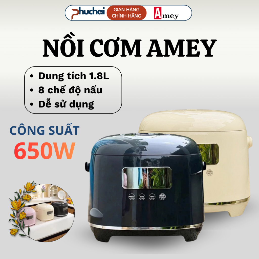 Nồi Cơm Điện Amey AM088 Dung Tích 1.8L Lòng Nồi Inox 304 Cao Cấp, Hẹn Giờ Nấu Tự Động - Điện Máy Phú