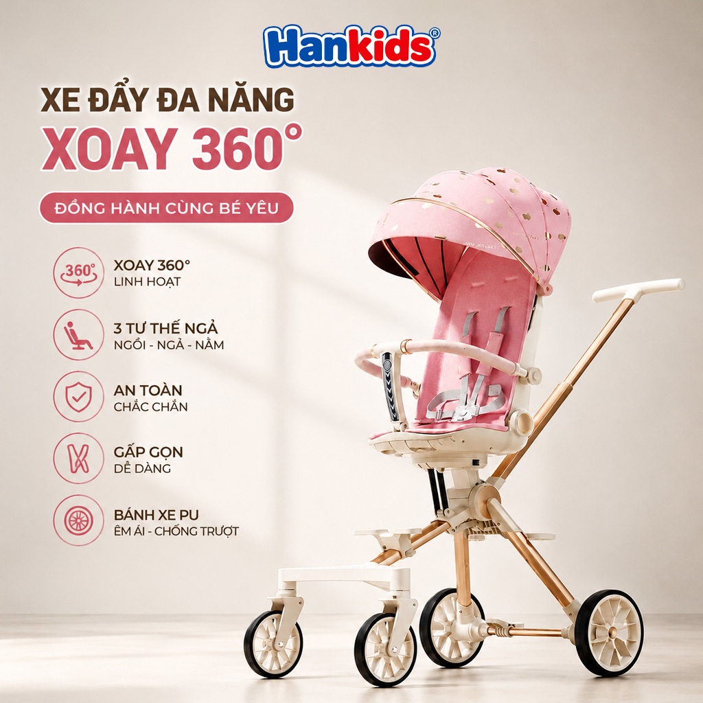 Xe Đẩy Em Bé G500-1 Cao Cấp, Có Khay Ăn, Đảo Chiều 2 Mặt, Gấp Gọn Tiện Lợi HanKids