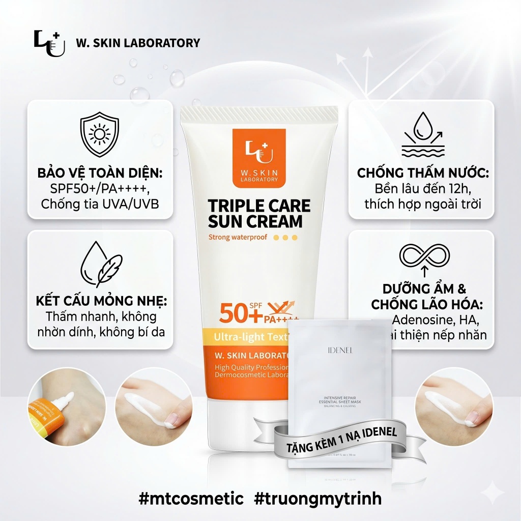 Kem chống nắng WSKIN CHÍNH HÃNG TRIPLE CARE SUN CREAM SPF50+/PA++++ 60ml mỏng nhẹ, không bết rít và 