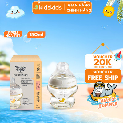 Bình Sữa PPSU Ty Siêu Mềm Tự Nhiên Tommee Tippee Natural Start 150ml, Núm Ty Của Bình 0-3 Tháng, Họa Tiết