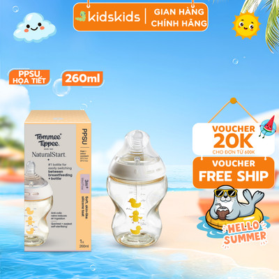 Bình Sữa PPSU Ty Siêu Mềm Tự Nhiên Tommee Tippee Natural Start 260ml, Núm Ty Của Bình 3-6 Tháng, Họa Tiết