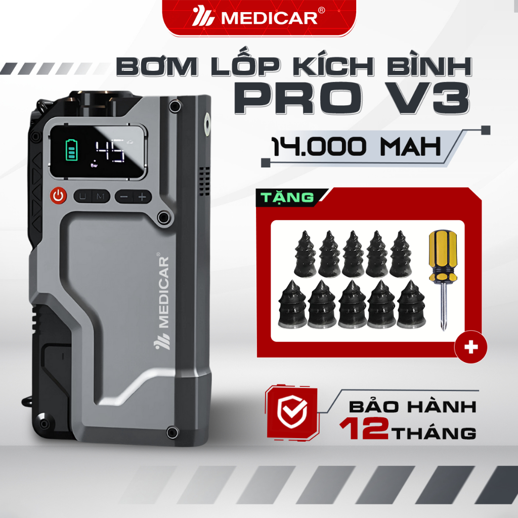 KÍCH BÌNH BƠM LỐP Ô TÔ V3 PRO 14.000mAh 4in1 Medicar - Tổng hợp Bơm lốp, Kích bình, Đèn chiếu sáng