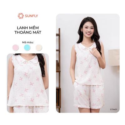 Đồ bộ mặc nhà nữ SUNFLY lanh họa tiết xinh xắn áo sát nách quần sooc ST9401