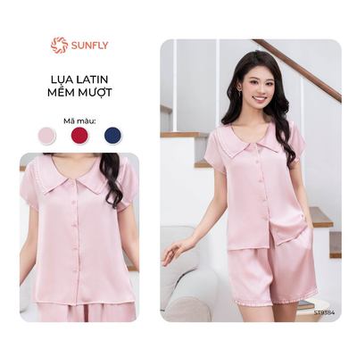 Bộ mặc nhà pijama nữ SUNFLY lụa satin áo cộc quần sooc ST9384