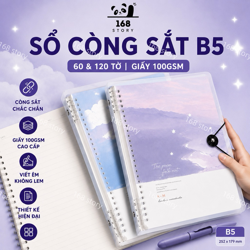 Sổ còng sắt B5, bìa còng B5, giấy refill kẻ ngang nhiều hoạ tiết