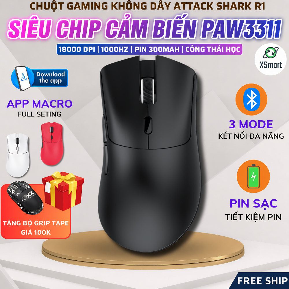 Chuột Không Dây Bluetooth Chip PAW3311 Attack Shark R1 18000 DPI 3 Mode Có App Chỉnh Macro Pin Sạc