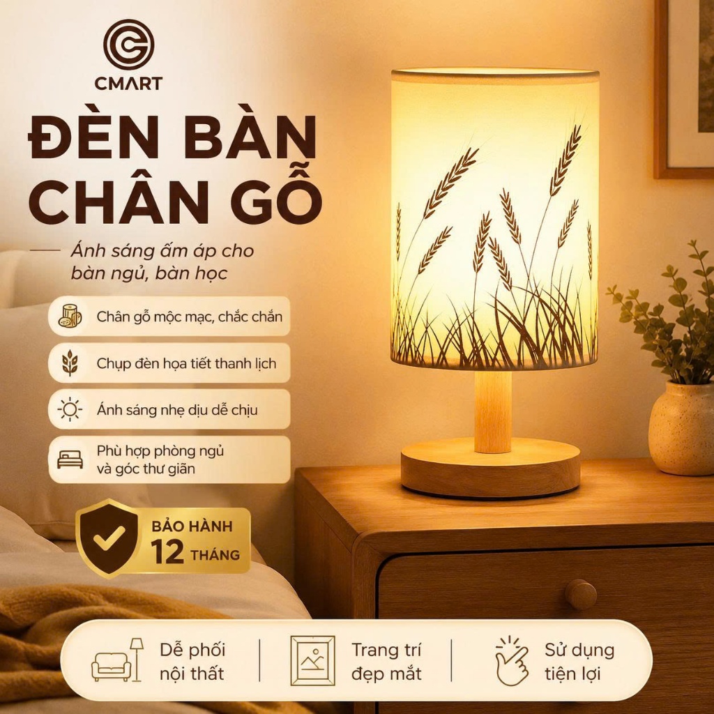 𝐂𝐌𝐀𝐑𝐓.𝐆𝐢𝐚 𝐝𝐮̣𝐧𝐠 Đèn Ngủ Để Bàn Chân Gỗ Tự Nhiên Lồng Vải Kèm Bóng Đèn [CMART_GIA DỤNG TIỆN ÍCH]