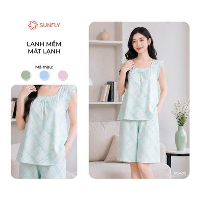 Đồ bộ mặc nhà nữSUNFLY lanh  mềm mại áo sát nách quần ngố ST9400