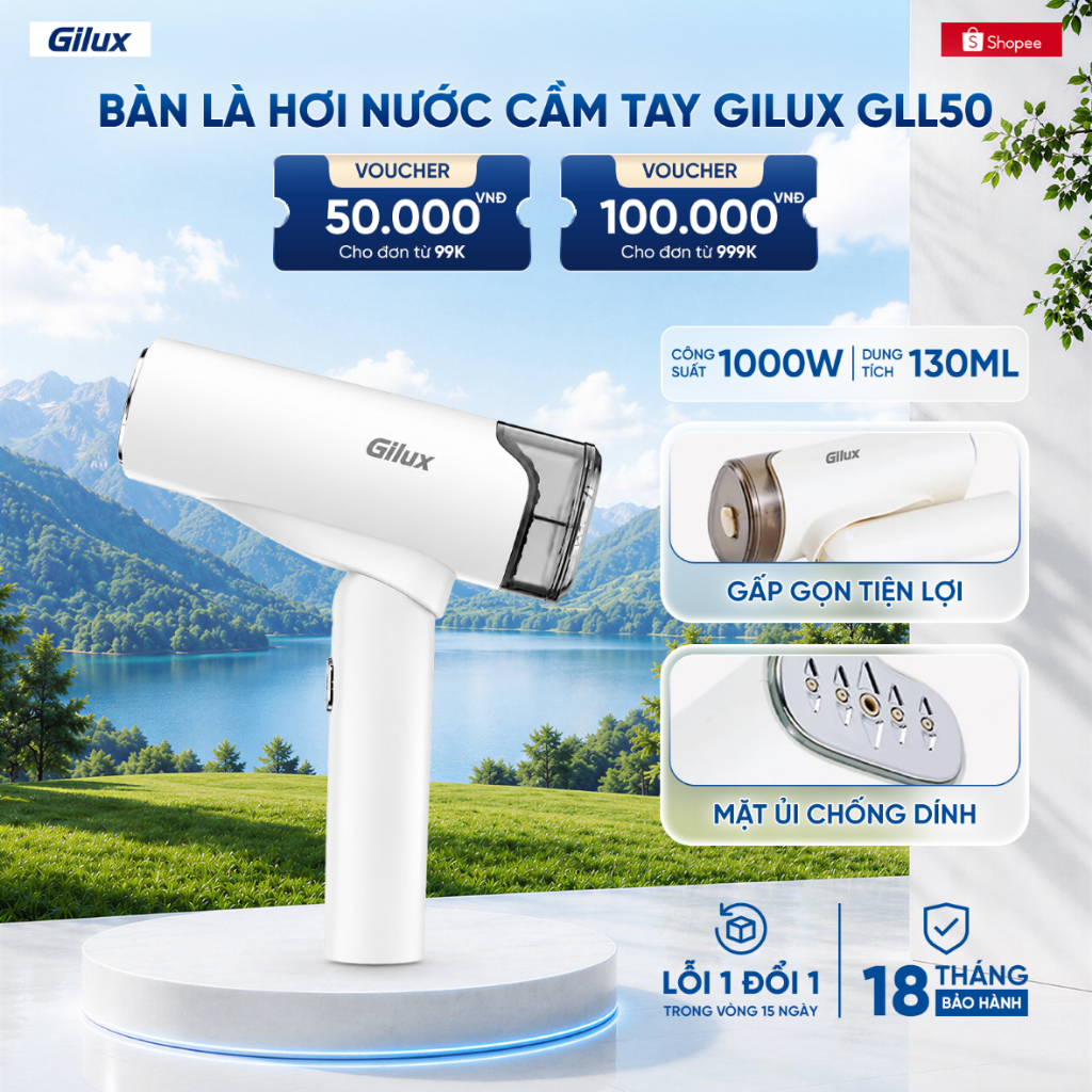 Bàn Ủi Hơi Nước Cầm Tay Gilux GLL50 Gấp Gọn Công Suất 1000W Ủi Phẳng Mọi Loại Vải