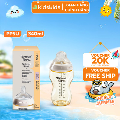 Bình Sữa PPSU Ty Siêu Mềm Tự Nhiên Tommee Tippee Natural Start 340ml, Núm Ty Đi Kèm 3-6 Tháng