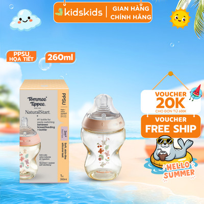 Bình Sữa PPSU Ty Siêu Mềm Tự Nhiên Tommee Tippee Natural Start 260ml, Núm Ty Của Bình 3-6 Tháng, Hồng Họa Tiết