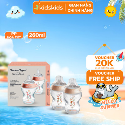 Bình Sữa PP Ty Siêu Mềm Tự Nhiên Tommee Tippee Natural Start 260ml, Núm Ty Của Bình 3-6 Tháng, Hồng (Bình Đôi, Tách Lẻ)