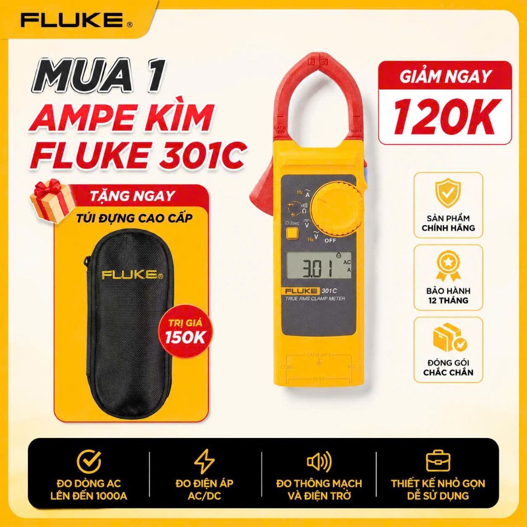 [TẶNG 120K] Khi mua [ FLUKE 301C ]  Ampe kìm đo dòng điện AC, điện áp, diện dung Fluke 301C (1000A) 