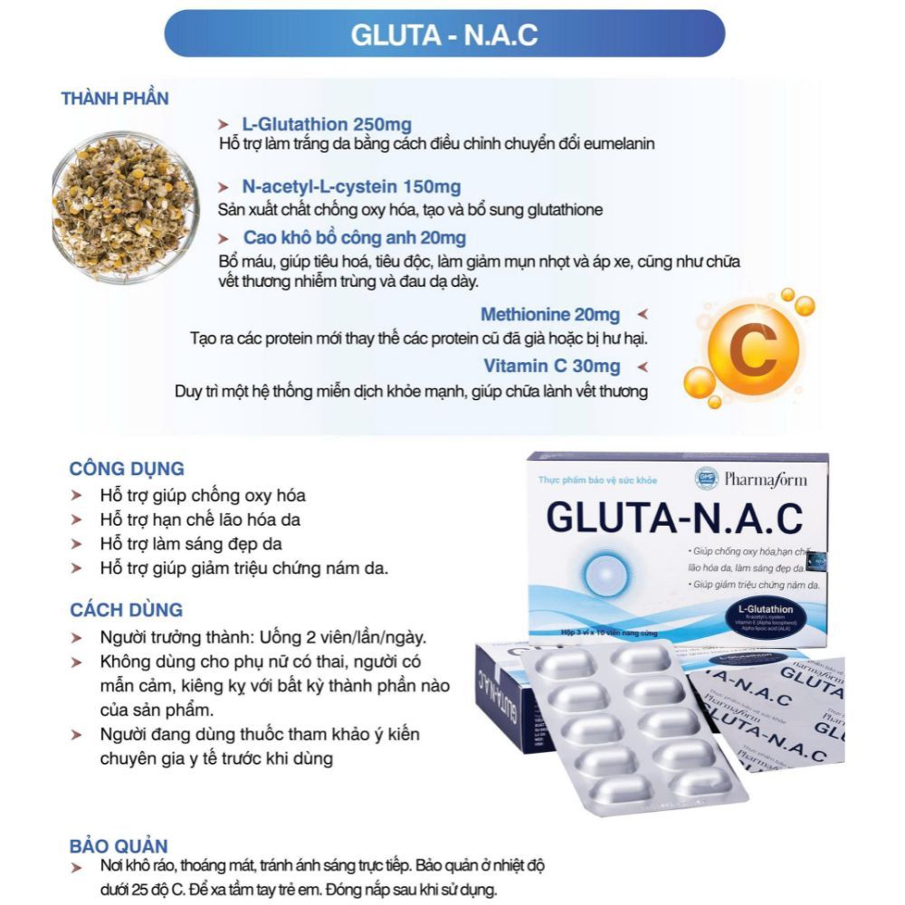 Ảnh 8 của Viên uống sáng da Pharmaform GLUTA-N.A.C, S-GLUTACELL 200MG sáng da, giảm thâm nám 30 viên